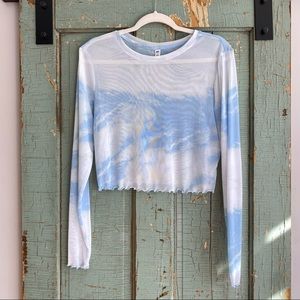 BP Sheer Mesh Crop Top Sky Blue and White Ruffle Hem